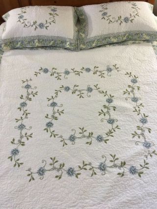 Vintage Inspired Heirloom Embroidered Quilt & Shams 110 " X 115 "