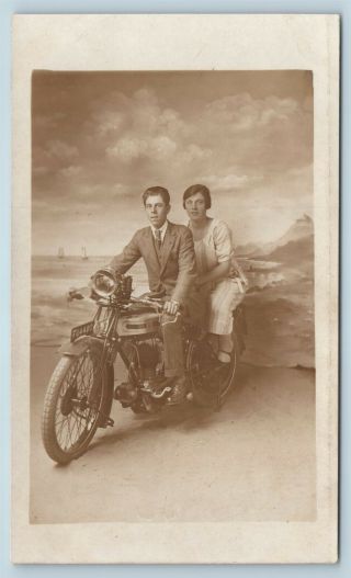Postcard Studio Prop Photo Triumph Motorcycle British Man Woman C1919 Rppc T4
