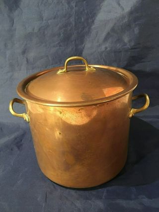 Vintage Copper 4 Quart Tin Lined Stock Pot With Brass Handles By Copral