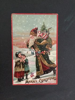 Vintage Postcard - A Merry Christmas,  Santa,  Green - Gold Coat With Two Girls C1909