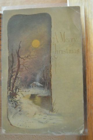 1907 House In Moonlight Winter Scene A Merry Christmas Undivided Back Postcard