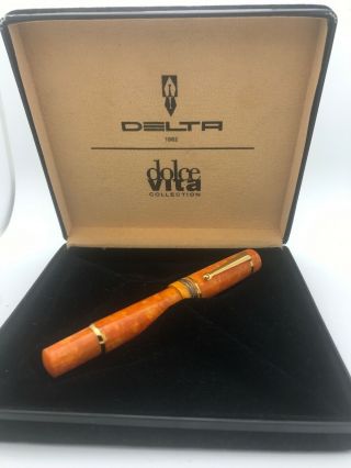Ballpoint Pen Delta Dolcevita Fusion Oro - Celluloid Orange Sterling Silver Trim