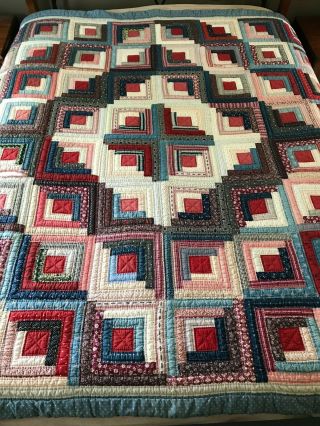 Vintage Log Cabin Quilt Machine Sewn Signed Dated By Quilter 83 " X 83 " Red Blue