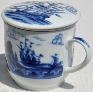 Vintage Nautical Blue & White Ceramic Tea Infuser Cup Sailing Ships Battleship 2