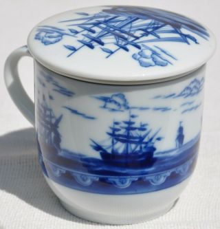 Vintage Nautical Blue & White Ceramic Tea Infuser Cup Sailing Ships Battleship 5