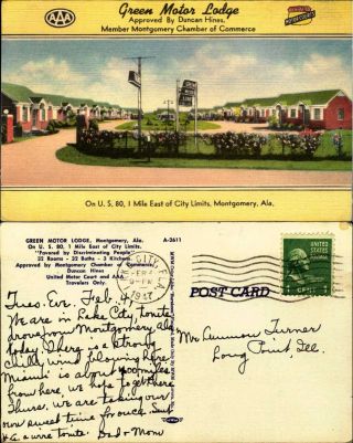 Green Motor Lodge On U.  S.  80 Montgomery Alabama Al Linen Mailed 1947