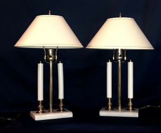 Vintage Matching Pair 20” Solid Brass French Bouillotte Table Lamps And Shades