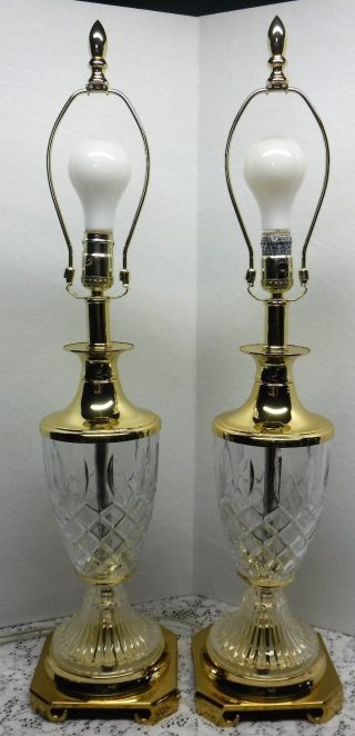 Vintage Pair Solid Brass & Crystal Lamps W/ Pineapple Cut 3 Way Switch