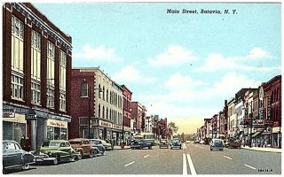 Pre 1950 Postcard View Of Main St.  Batavia Old Cars York Ny Postally