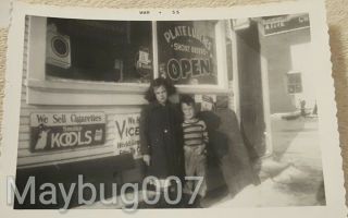 Vintage Black And White Photograph Children In Front Of Diner Advertising 1955
