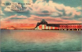 Postcard Sc Charleston C1940 John P Grace Memorial Bridge Cooper River Linen C4