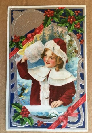 Vintage Christmas Postcard - Girl In Red Coat With Fur Trim 1909