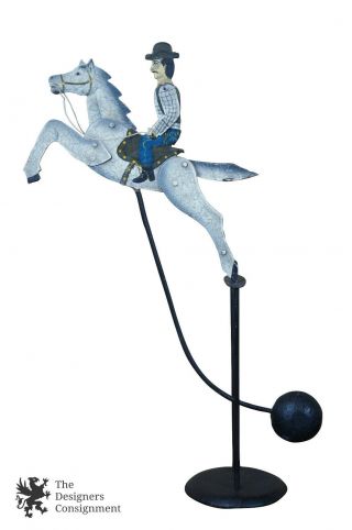 Vintage Folk Art Balancing Rocking Horse Cowboy Toy Cast Iron Pendulum Indonesia