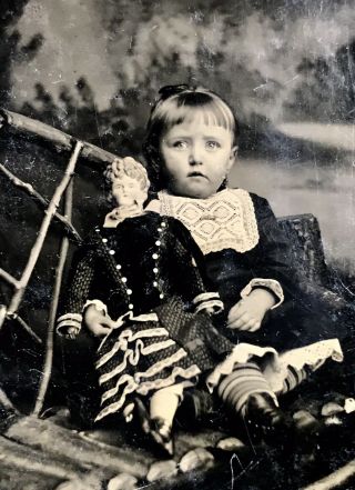 Spectacular 1/6 Plate Tintype - Girl With Blonde China Head Doll - Focus