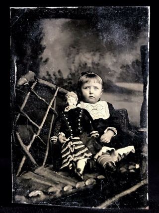SPECTACULAR 1/6 PLATE TINTYPE - GIRL WITH BLONDE CHINA HEAD DOLL - FOCUS 2