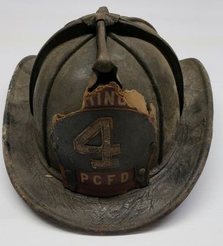 Antique Firefighters Leather Helmet W Liner,  Pcfd 4 Fire Dept Badge,  Cairns&bros