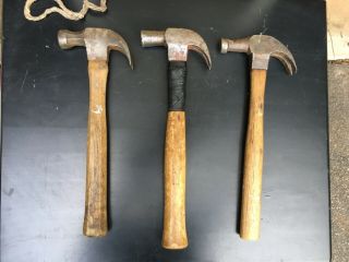 3 Antique Vintage Claw Hammers.  Etched Vaughan & Bushnell,  D Maydole,  “yellow”