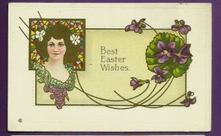 Easter Embossed Postcard/ Lady W/ Gold Hair/violets/ Stain Glass Look/gilded