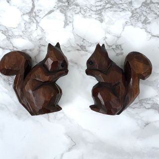 Vintage Hand Carved Wood Squirrel Figurine Set Of 2 Statue 3 " Tall