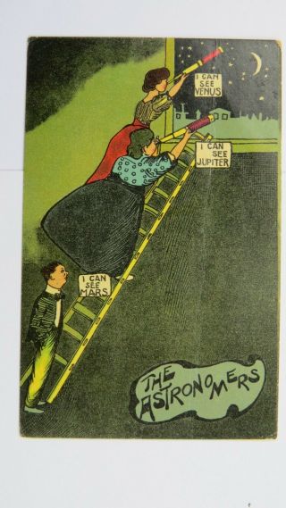 Edwardian Comic Vintage Postcard Lady Astronomers Astronomy Telescope Knickers