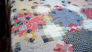 Vtg Unfinished QUILT TOP PATCHWORK STARS COLORFUL 84 x 108 3