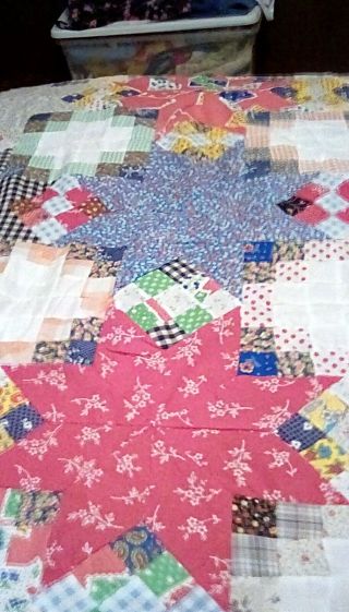 Vtg Unfinished QUILT TOP PATCHWORK STARS COLORFUL 84 x 108 4