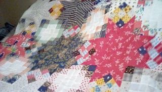 Vtg Unfinished QUILT TOP PATCHWORK STARS COLORFUL 84 x 108 5