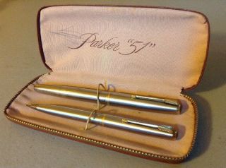 Vintage Parker 51 Flighter Stainless Steel Fountain Pen And Pencil Set