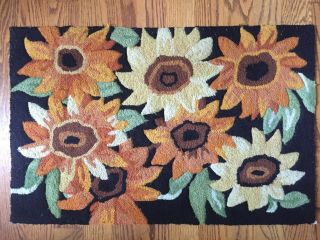Rare Vintage Sunflower Hooked Rugs 31.  5x20.  5 " Black Yellow