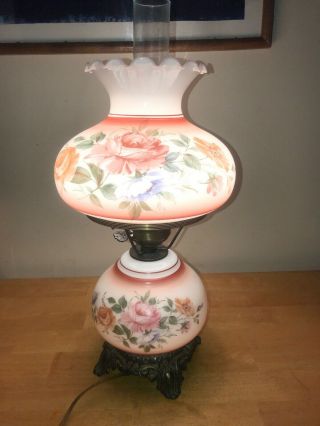 Vintage Hurricane Lamp W/ Pink/blue/green Flowers Gone With The Wind 22” Tall