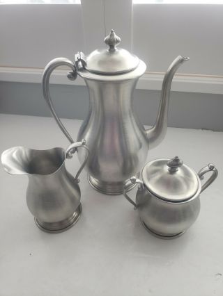 Kirk Stieff Pewter Traditional Colonial 3pc Coffee Tea Pot Creamer Sugar Set