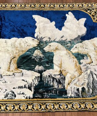 Vintage Large Alaska Polar Bear Velvet Tapestry Italian Made 75” By 47” - Rug - Wow