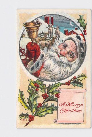 Antique Postcard Christmas Santa Ringing Bell On Rooftop With Reindeer And Holly
