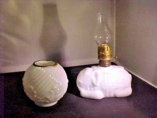 Antique Miniature Oil Lamp Milk Glass Elephant Kneeling P & A Acorn Ball Shade