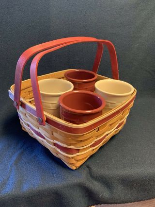Longaberger Market Basket Red And White With Woven Traditions Crocks And Stand