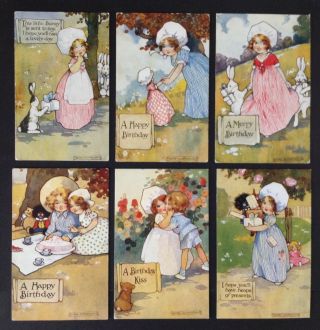 Vintage A/signed Agnes Richardson Birthday Postcards (6) - Kids,  Bunnies,  Golliwogs