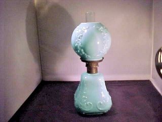 Antique Miniature Oil Lamp Turquoise Blue With Embossed Scrolls P & A Mfg Co