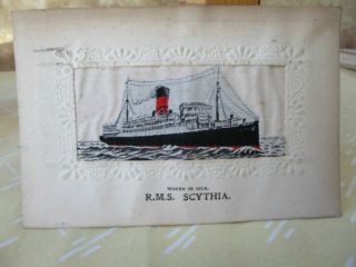 Vintage Postcard,  Woven Silk,  R.  M.  S.  Scythia,  Ship,  C.  1915,