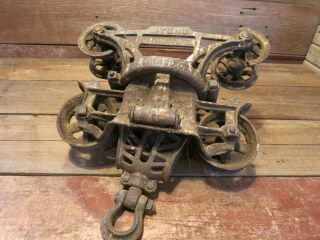 Antique Vintage Cast Iron Myers Hay Trolley Pat 1903 Farm Barn - Pulley Carrier 4