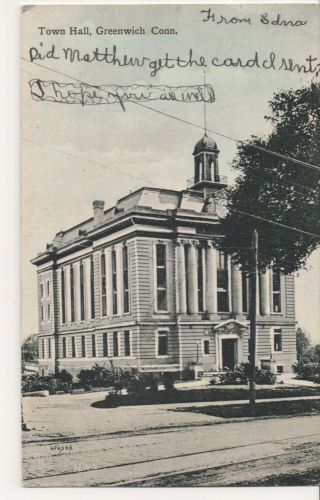 Vintage Postcard,  Town Hall,  Greenwich,  Connecticut