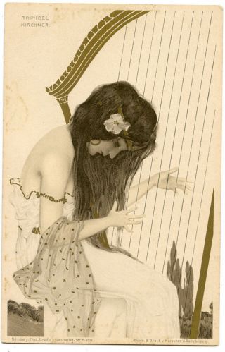 Art Noveau Kirchner Lady & Harp Postcard