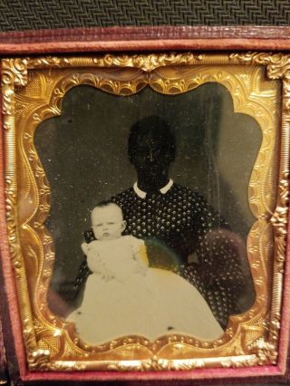Rare 1/6 Tintype Seated African American Woman W/ Little White Girl On Her Lap.