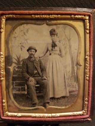 Rare 1/6 Tintype African American Couple.  Lady Standing Next To Sitting Man.