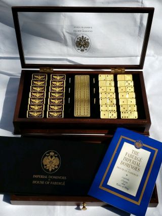 Rare Faberge Imperial Eagle Dominos Set & Cribbage Set 22k Gold Hardwood & Glass