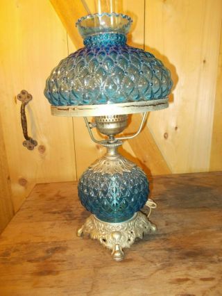 Gone With The Wind A 22 " Vintage Fancy Blue Glass Diamond Pattern Hurricane Lamp