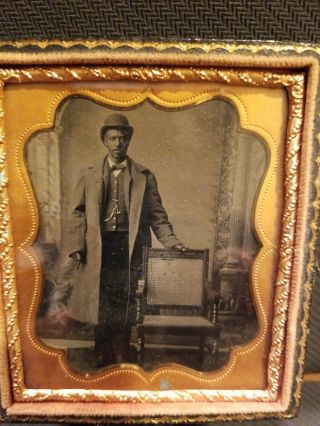 Rare 1/6 Tintype Standing Dapper African American Man Fancy Suit Smoking Cigar.