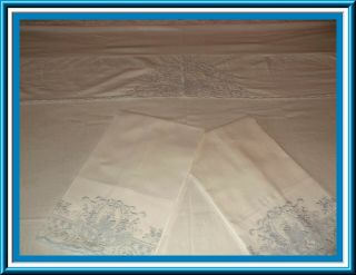 Gorgeous Vintage Embroidered Top Sheet & 2 Matching Pillowcases