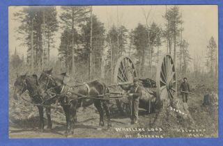 Kalkaska,  Mi,  Wheeling Logs,  Horse Drawn Log Skidder Rppc Real Photo Postcard