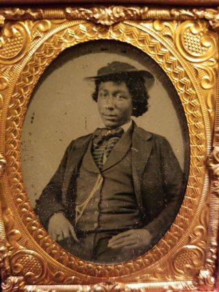 Rare 1/9 Ambrotype Seated African American Man In Fine Suit & Tie.  Hand Colored.
