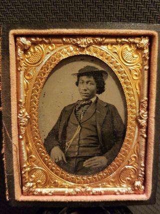 Rare 1/9 Ambrotype Seated African American Man in Fine Suit & Tie.  Hand Colored. 2